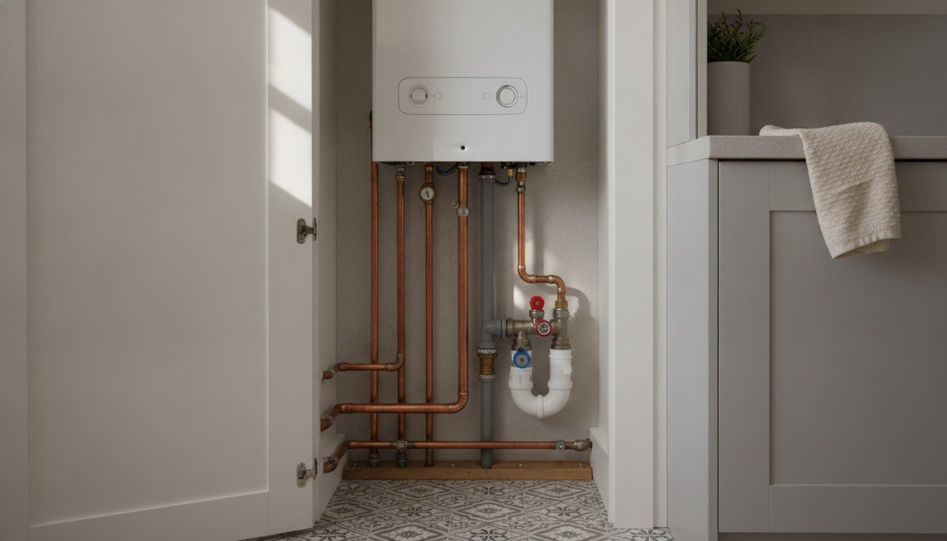 Wall-mounted gas combi boiler in a UK kitchen utility cupboard with copper pipework and an isolating valve below