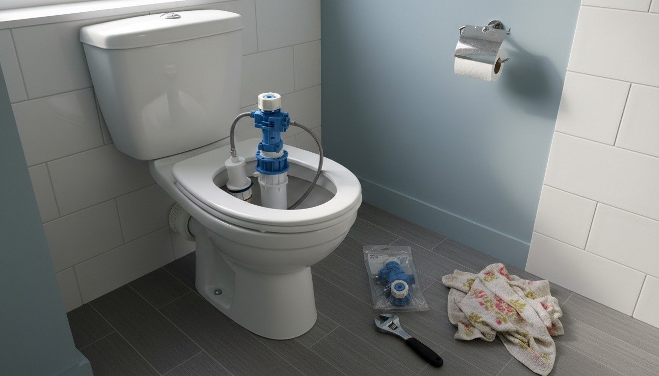 An open close-coupled cistern with the lid off, showing a modern dual flush valve and bottom-entry fill valve alongside replacement parts on a bathroom floor