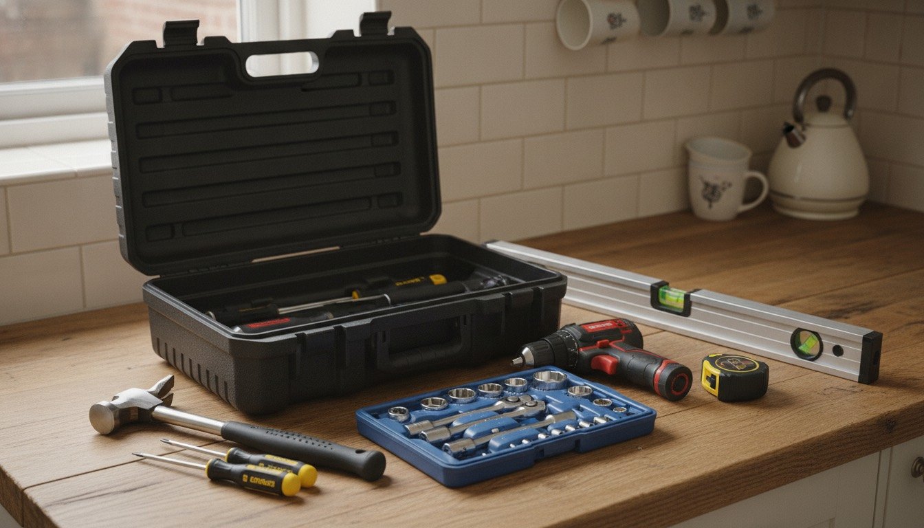 An open tool case on a kitchen worktop with a claw hammer, Pozidriv screwdrivers, a metric socket set and a cordless combi drill laid out beside it