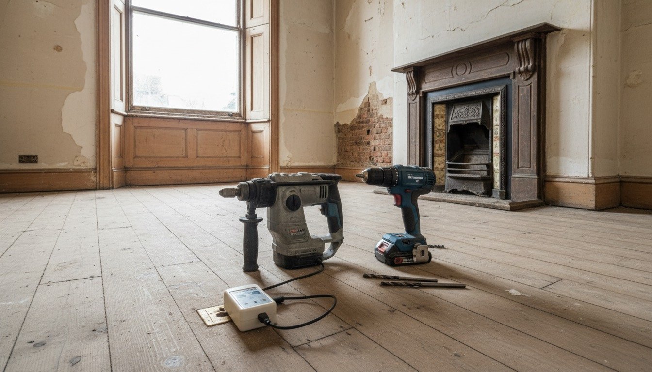 An SDS drill, combi drill, socket tester and moisture meter laid out on floorboards in a bare Victorian terrace room