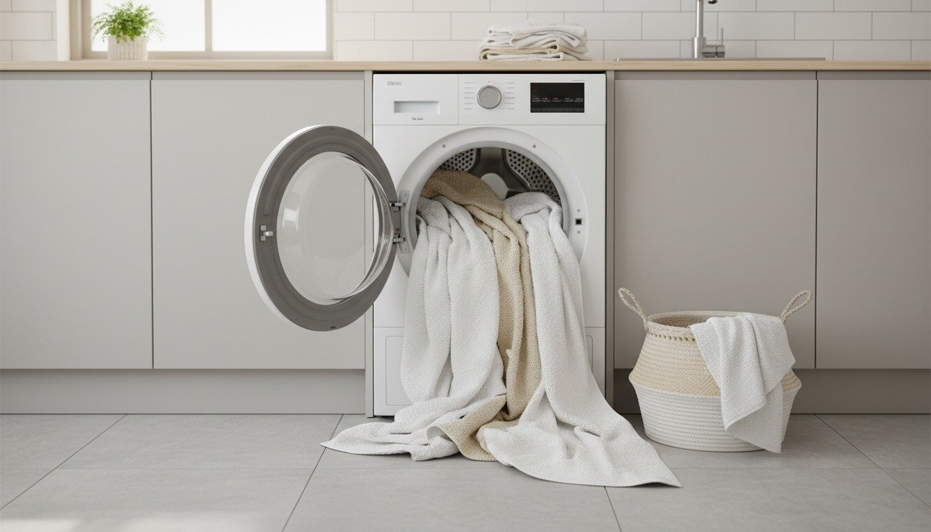 Heat pump tumble dryer with freshly dried towels spilling from the open door