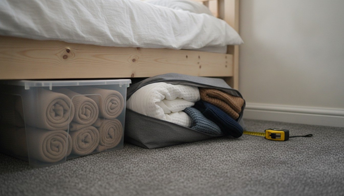 A clear plastic under-bed storage box and a zipped fabric case being slid out from beneath a low wooden bed frame in a UK bedroom