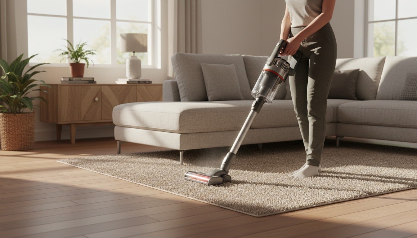 Modern cordless vacuum cleaning a living room rug beside a sofa
