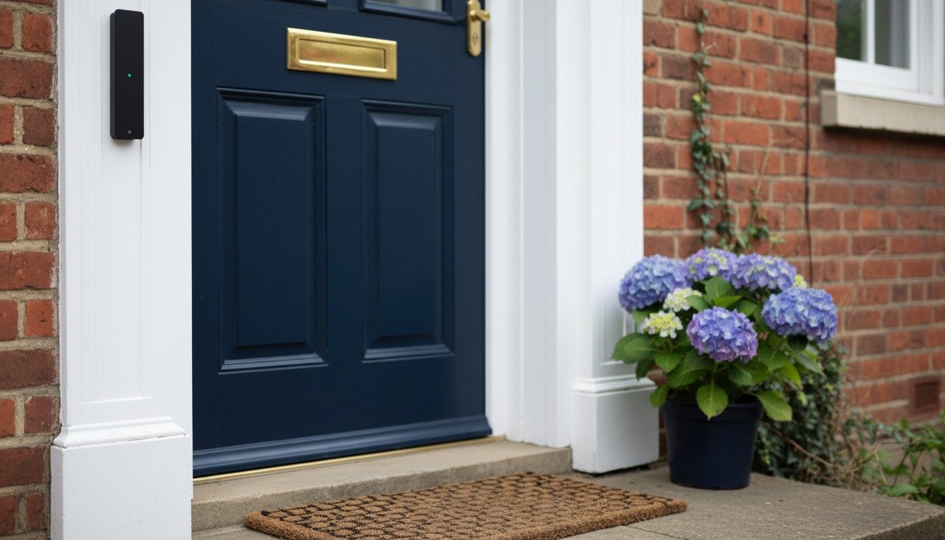 A slim video doorbell mounted beside a navy front door on a red-brick British terraced house