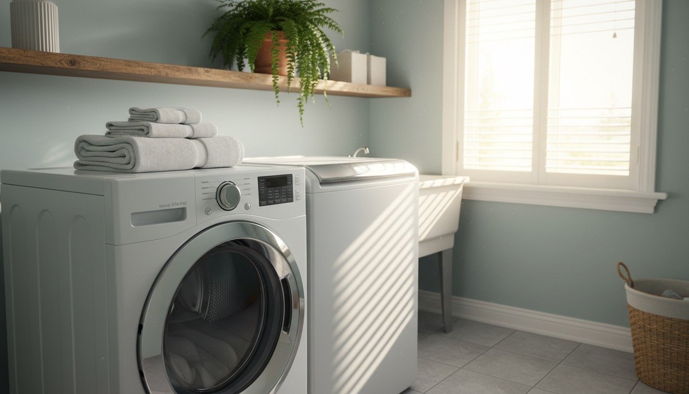Modern freestanding washing machine in a bright utility room with folded towels on top