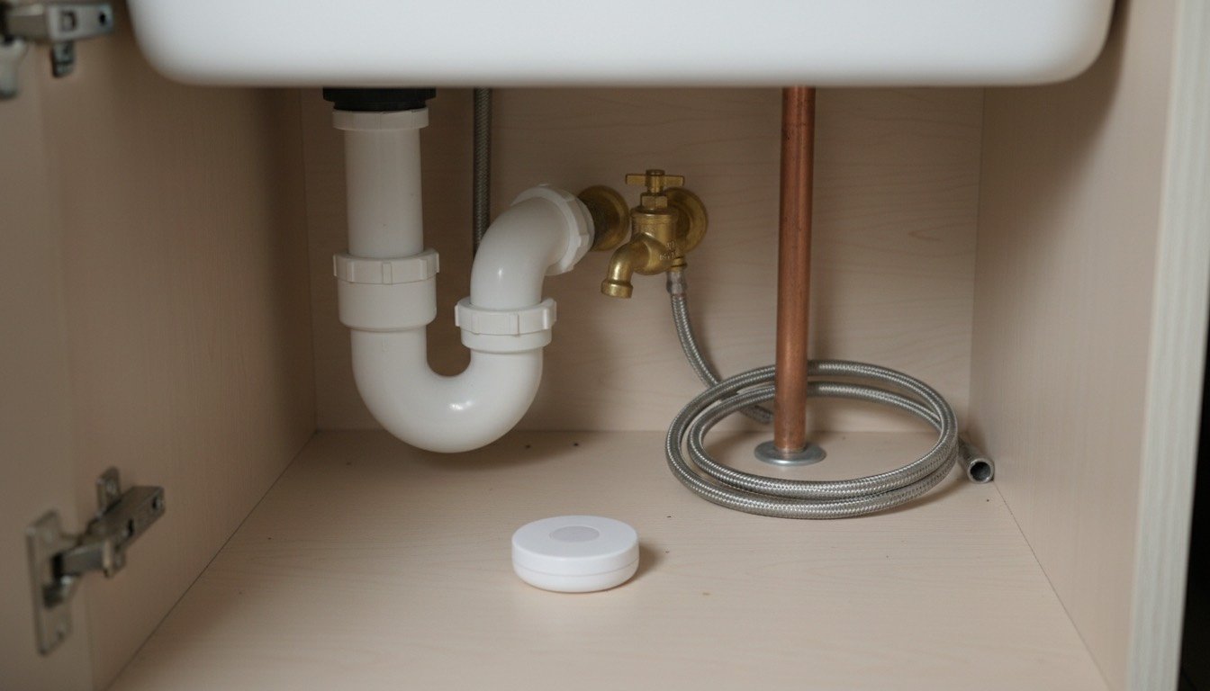 A small white water leak sensor sitting on the floor beside the waste trap under a UK kitchen sink, next to a brass stopcock on a 15mm copper pipe