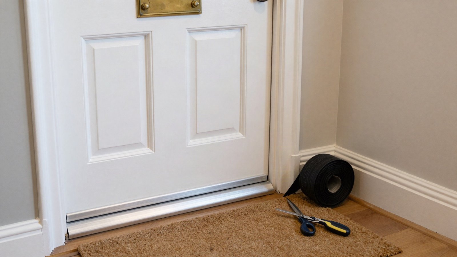 A white panelled front door in a UK hallway with a brush threshold strip along the bottom, a coil of black rubber draught seal and scissors resting on the doormat