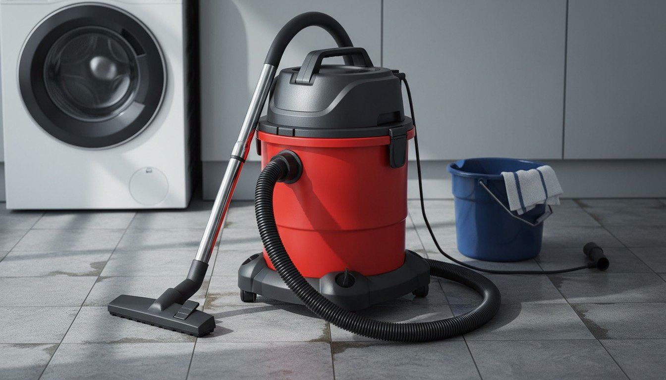 A wet and dry vacuum with a 30-litre drum, squeegee floor tool and coiled hose standing on a tiled utility room floor beside a washing machine