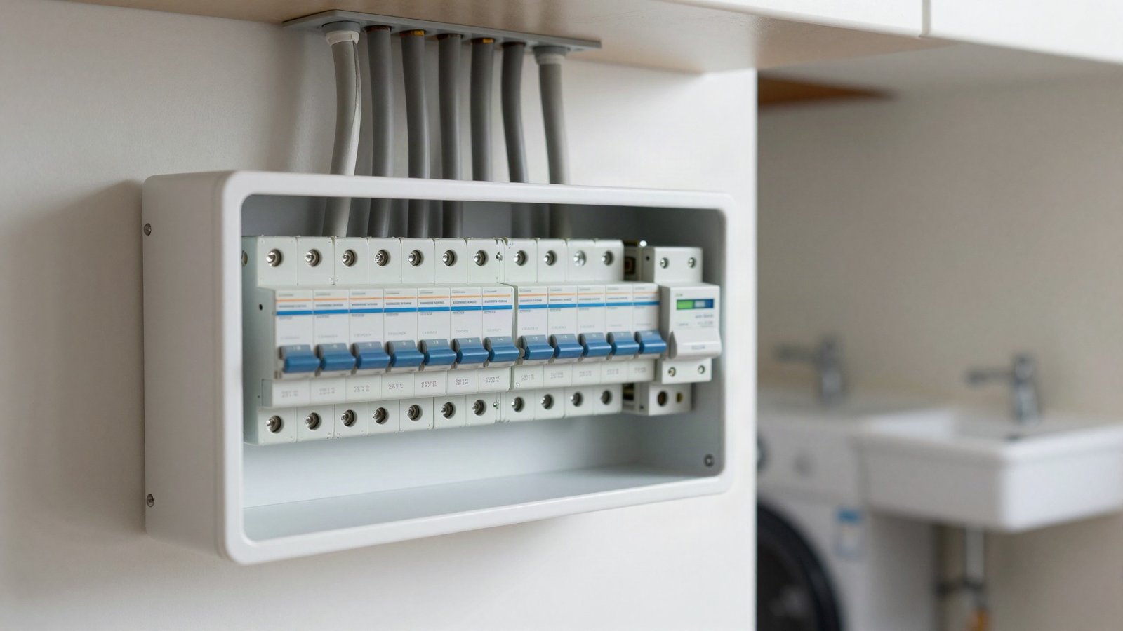 A UK consumer unit with the cover removed, showing rows of circuit breakers and a two-module surge protection device with a green status indicator.