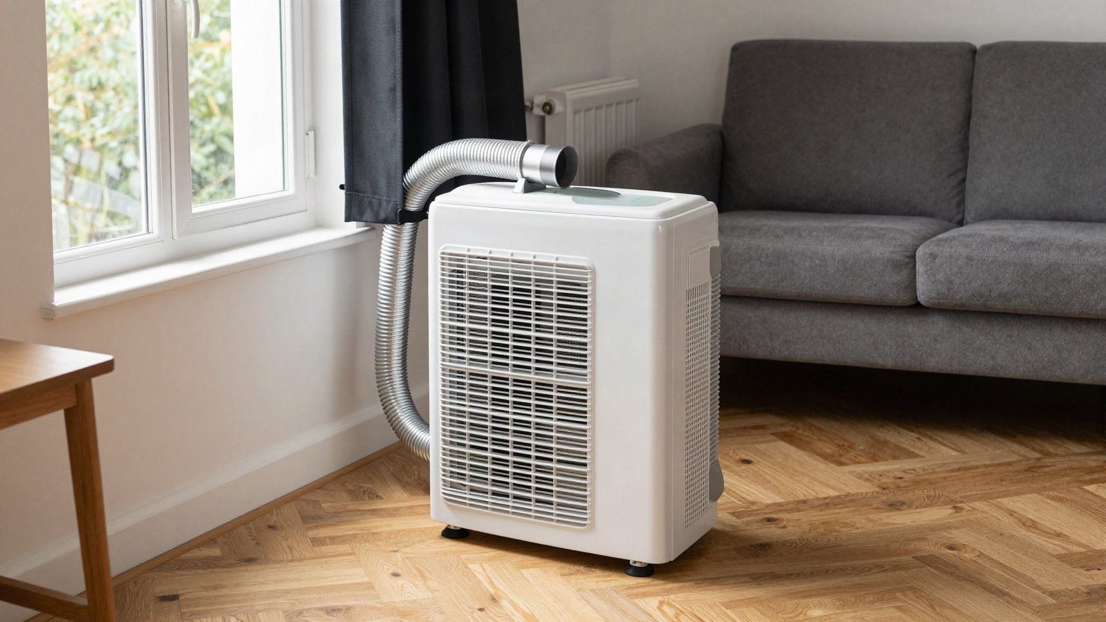A white portable air conditioning unit beside a uPVC casement window in a British living room, its exhaust hose fitted through a fabric window seal