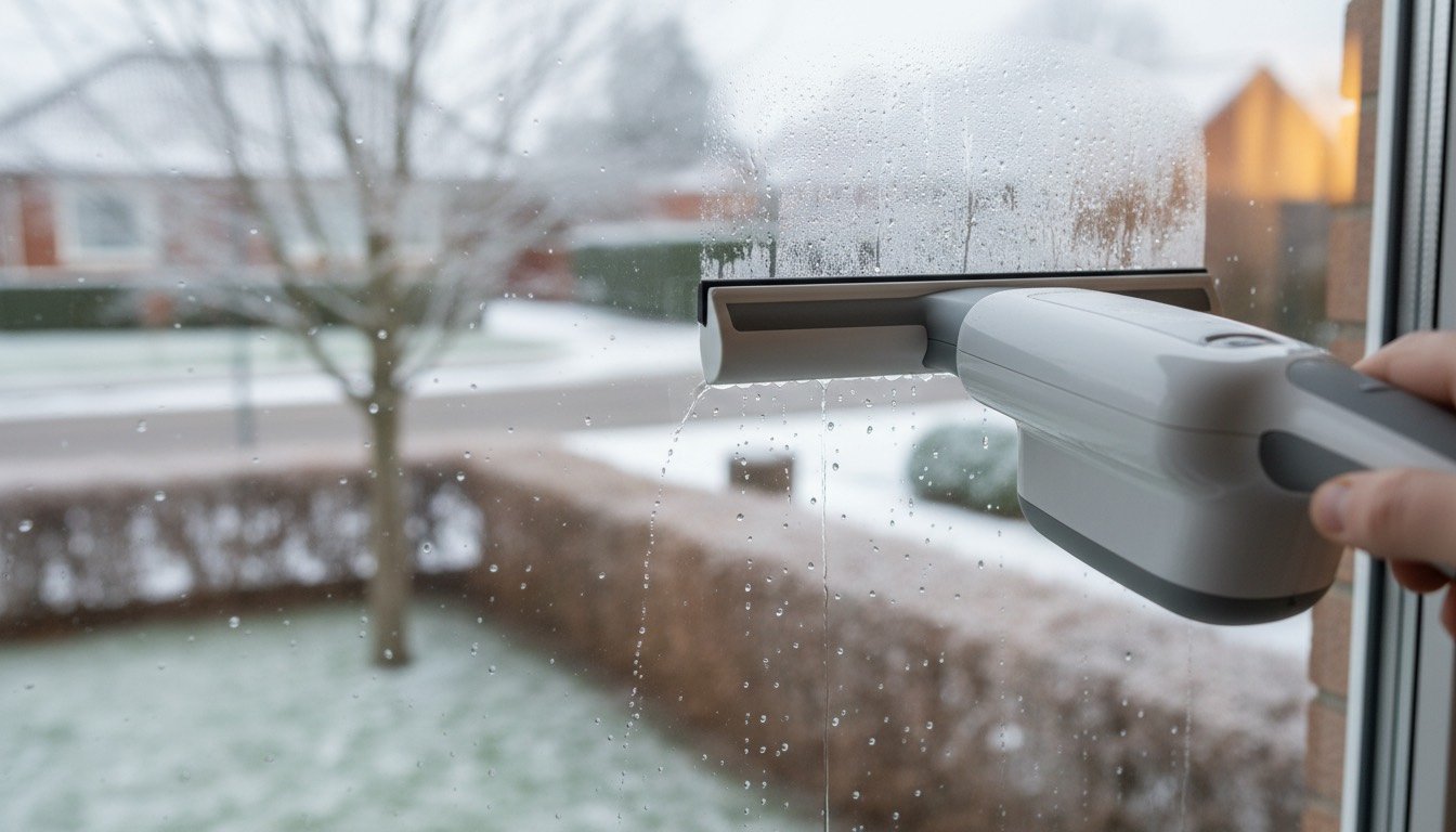 Handheld window vacuum clearing condensation from a bedroom window pane