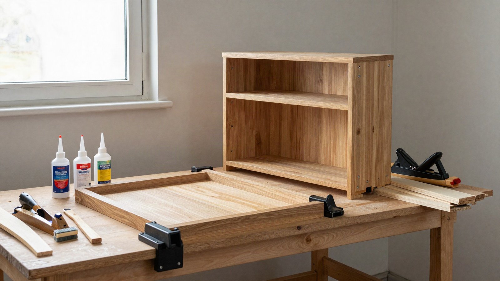 Sash clamps holding an oak bookcase carcass on a UK garage workbench, with bottles of wood glue, a glue brush and pine offcuts alongside.