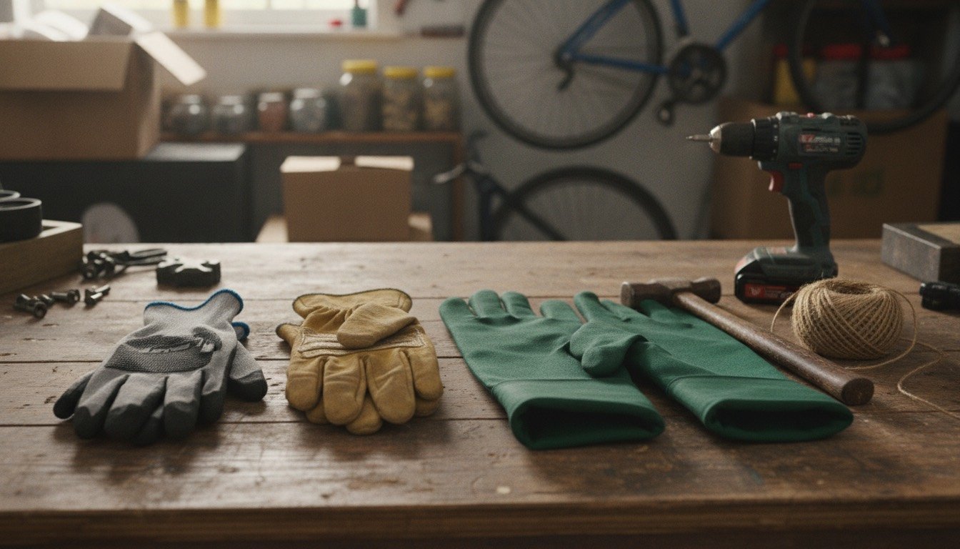 Several pairs of work gloves laid out on a wooden workbench in a British garage alongside a cordless drill and hand tools