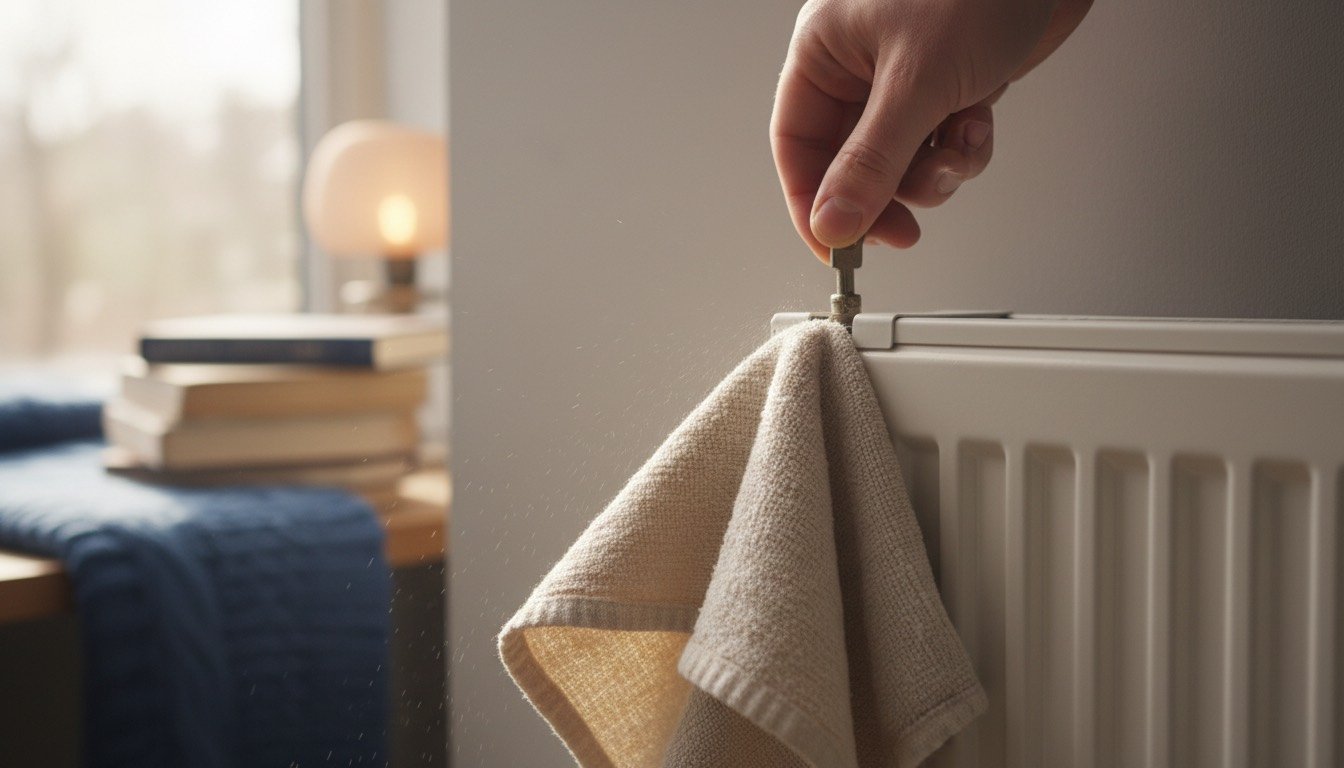 Radiator key bleeding air from a valve with a cloth catching drips