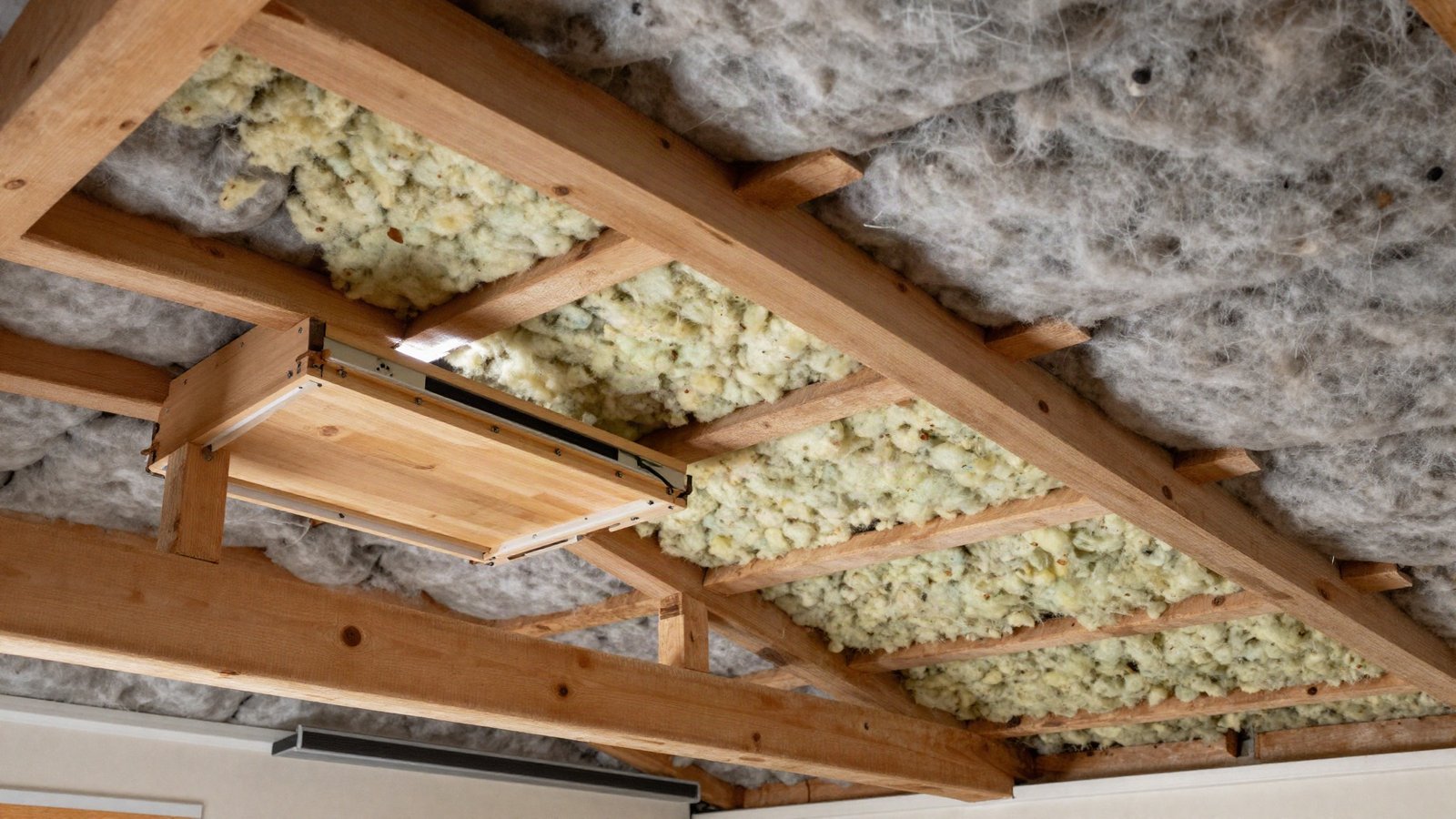 A UK loft space with mineral wool insulation rolls laid between and over the ceiling joists, alongside a section of blown loose-fill insulation