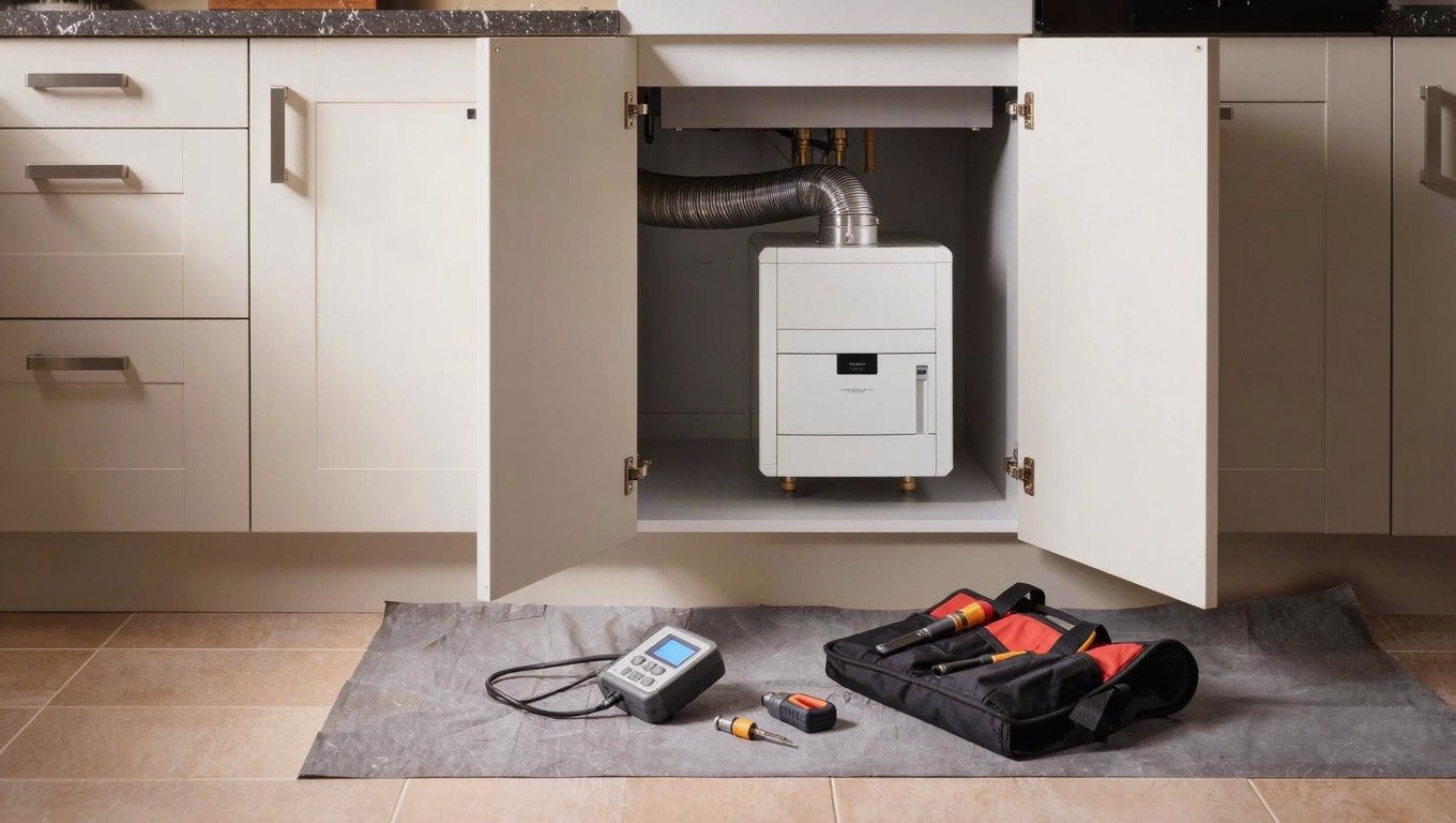 White combi boiler with its casing removed for an annual service, flue gas analyser and tools laid out on a dust sheet below