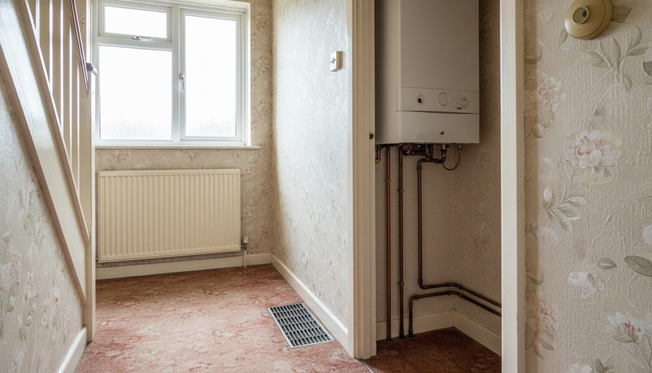 A wall-mounted condensing combi boiler in a UK hallway cupboard beside a floor-level warm-air grille and a radiator with a thermostatic valve