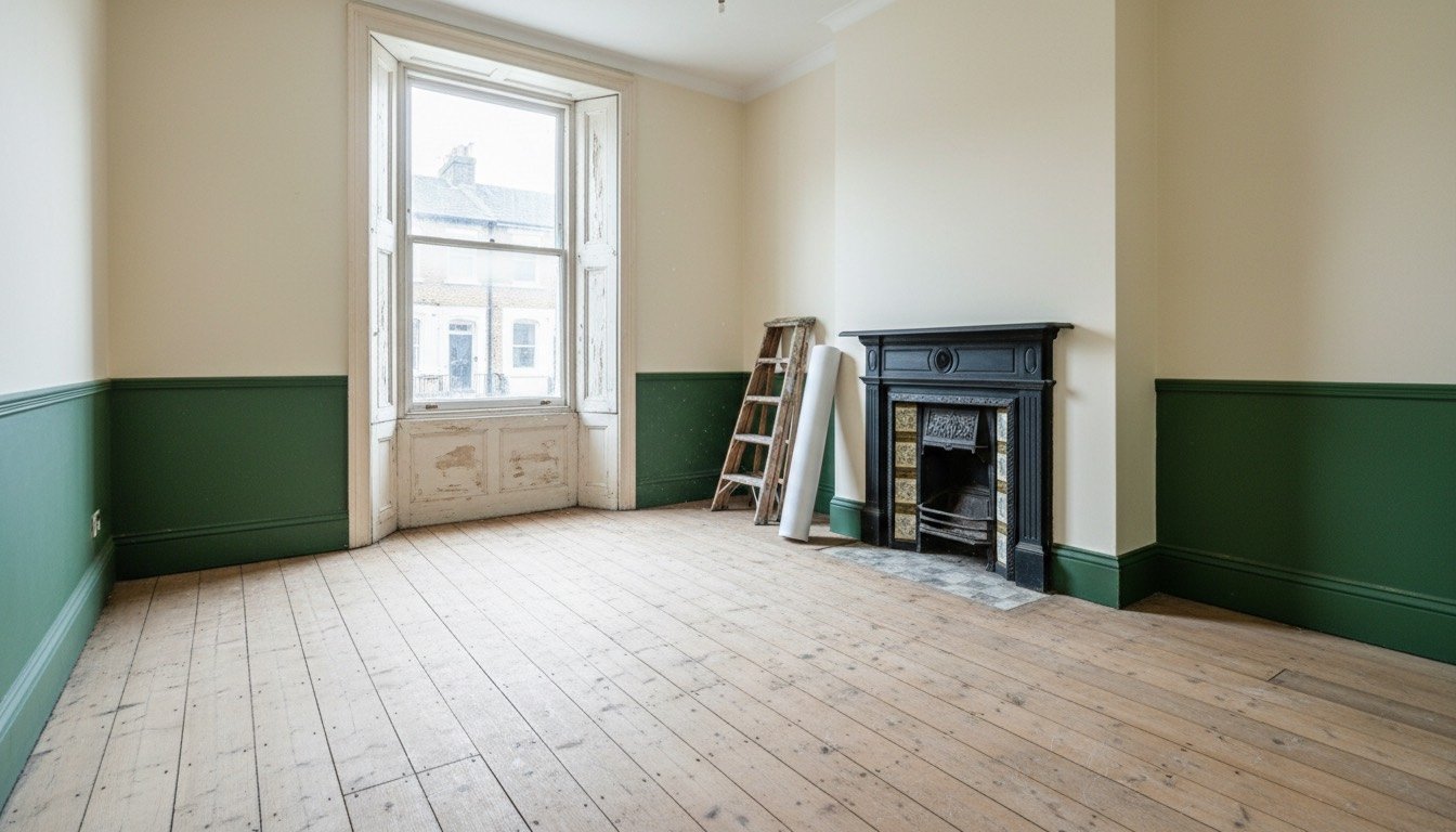 Empty Victorian front room with a cast-iron fireplace, deep skirting, a sash window and bare floorboards mid-renovation