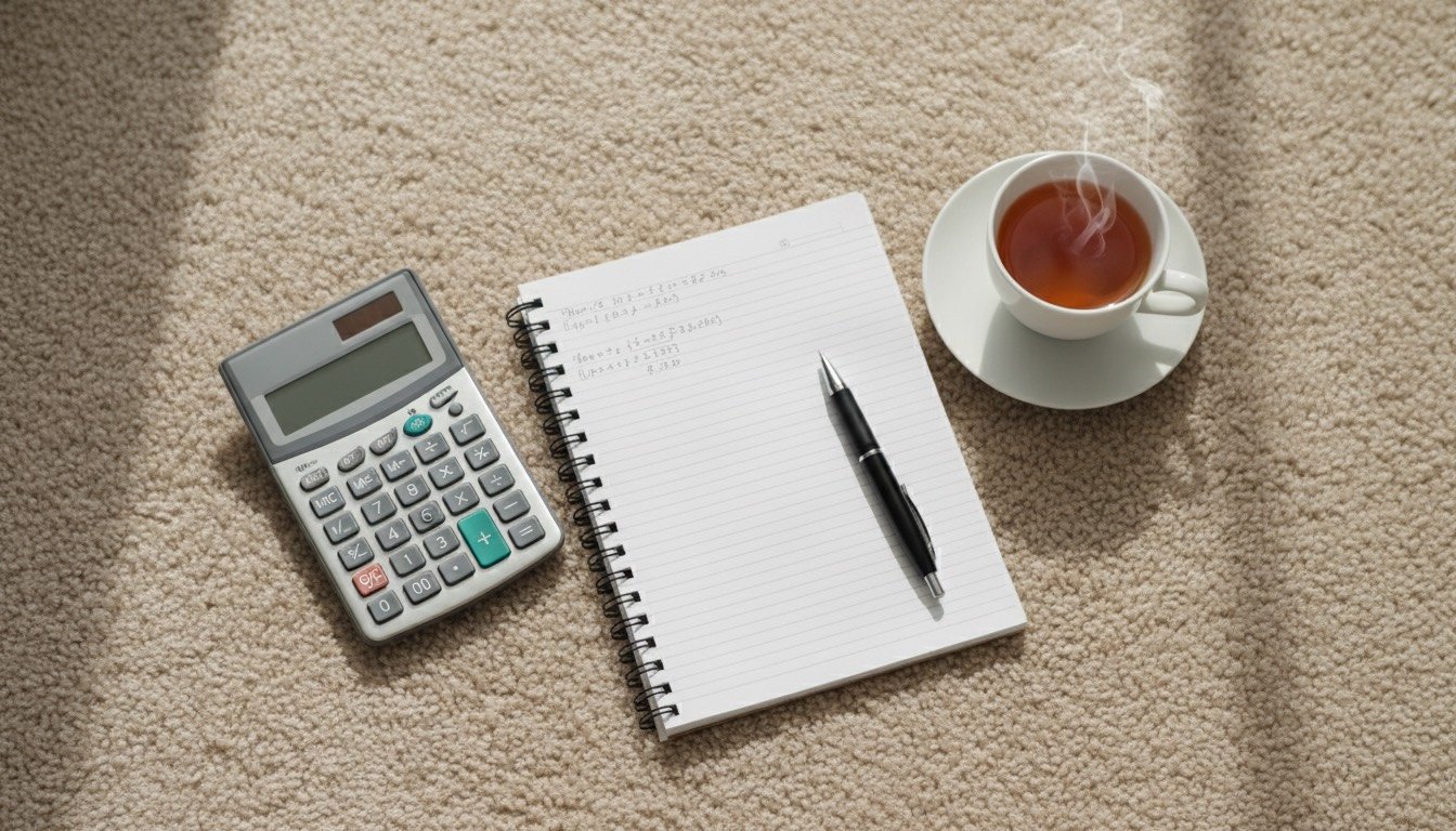 Calculator and notebook resting on a freshly cleaned beige carpet