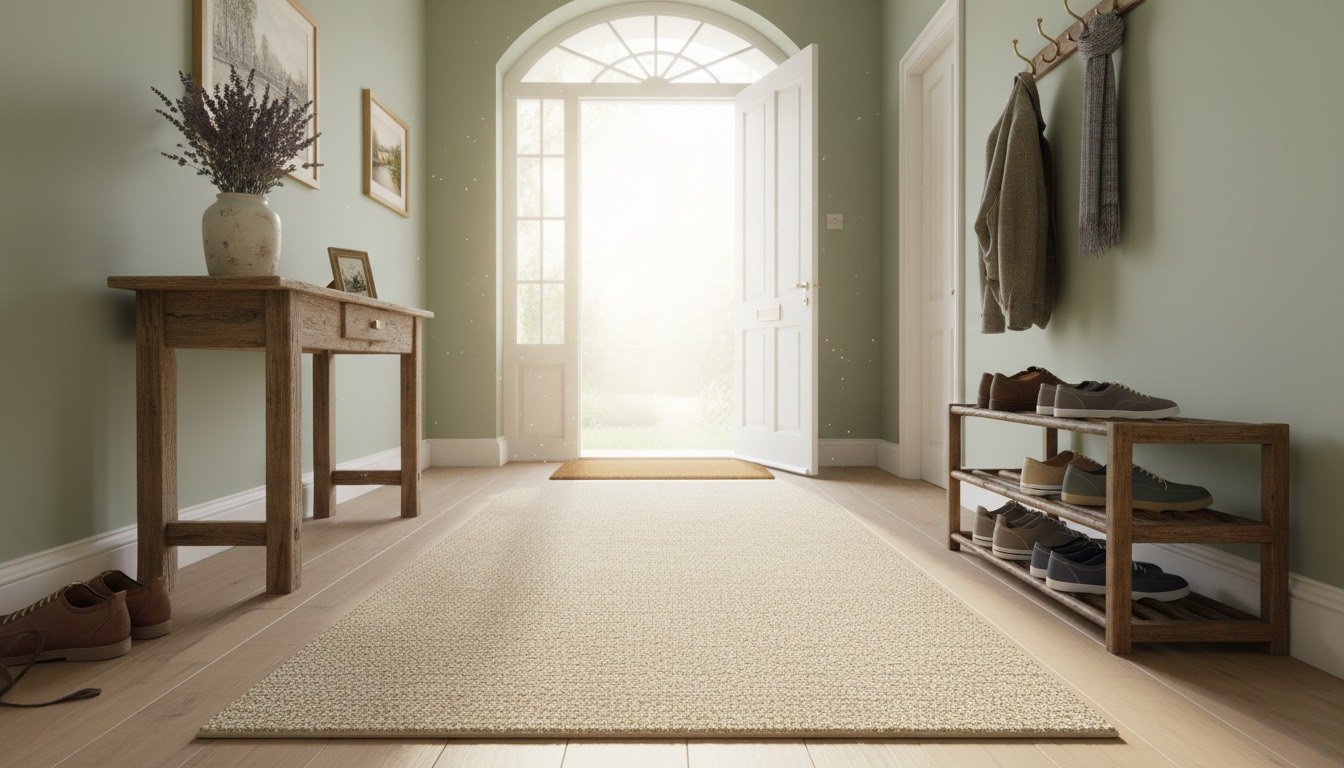 Sunlit hallway with pristine carpet runner and doormat by the front door