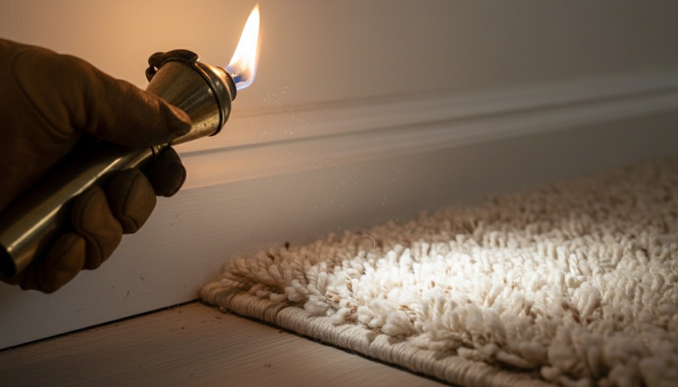 Close inspection of wool carpet pile edge beside a skirting board with a torch