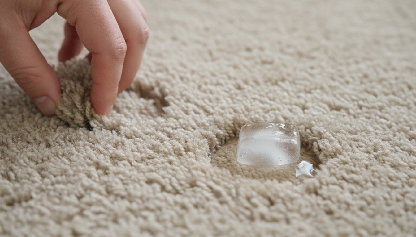 Close-up of fingers fluffing carpet pile back up where furniture stood