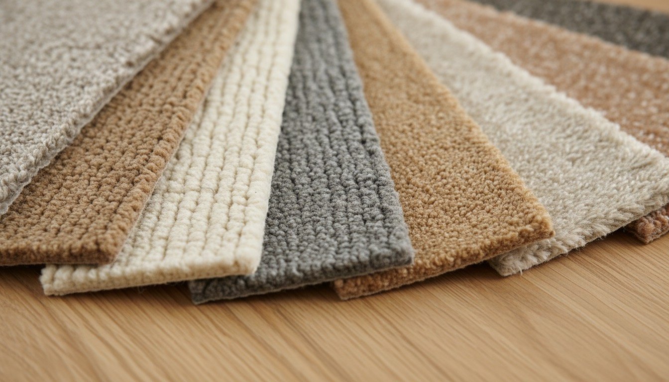 Fanned samples of wool, twist and loop pile carpet in neutral tones