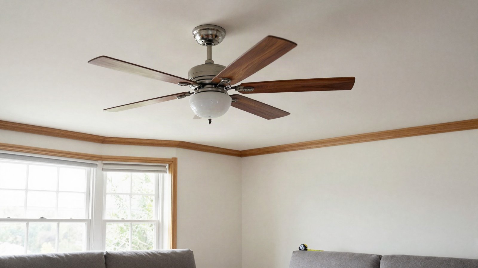A five-blade ceiling fan with an integrated LED light fitted on a short drop rod in a bright UK living room with a bay window