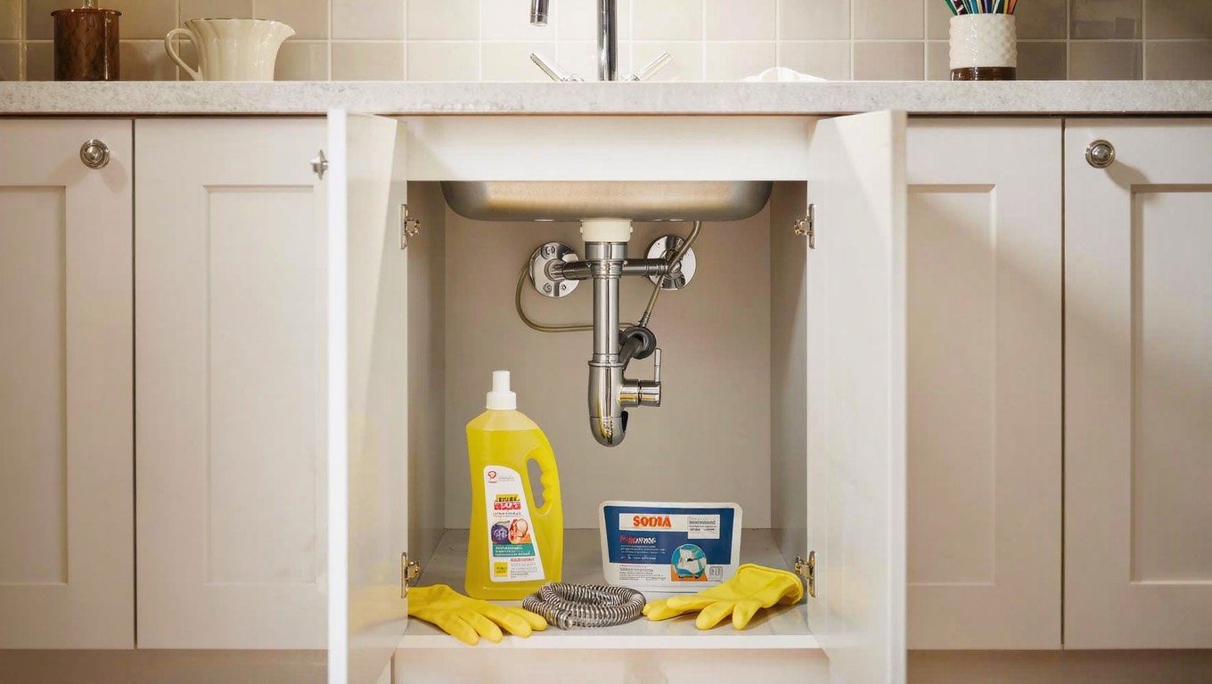 Bottle of drain unblocker gel, rubber gloves and a coiled drain snake beside a kitchen sink with the chrome trap visible in the open cupboard below