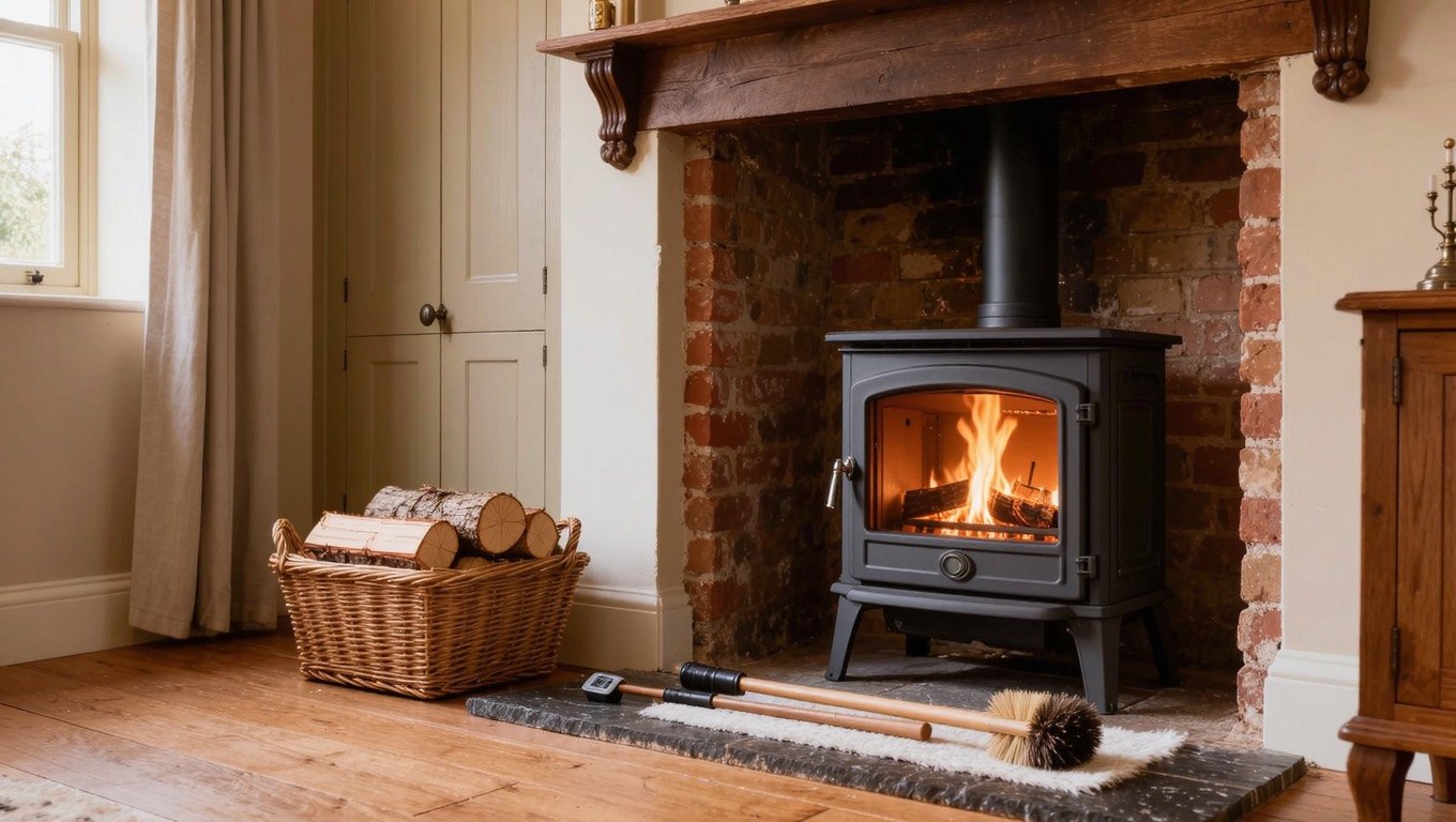 Matt black log burning stove on a slate hearth with chimney sweeping rods and a brush laid on a dust sheet beside a basket of seasoned logs
