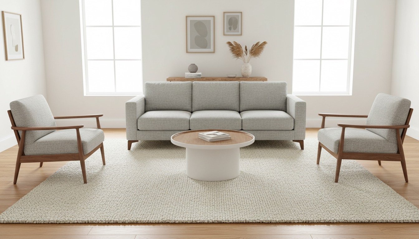 Large wool area rug anchoring a stylish living room with sofa front legs on the rug