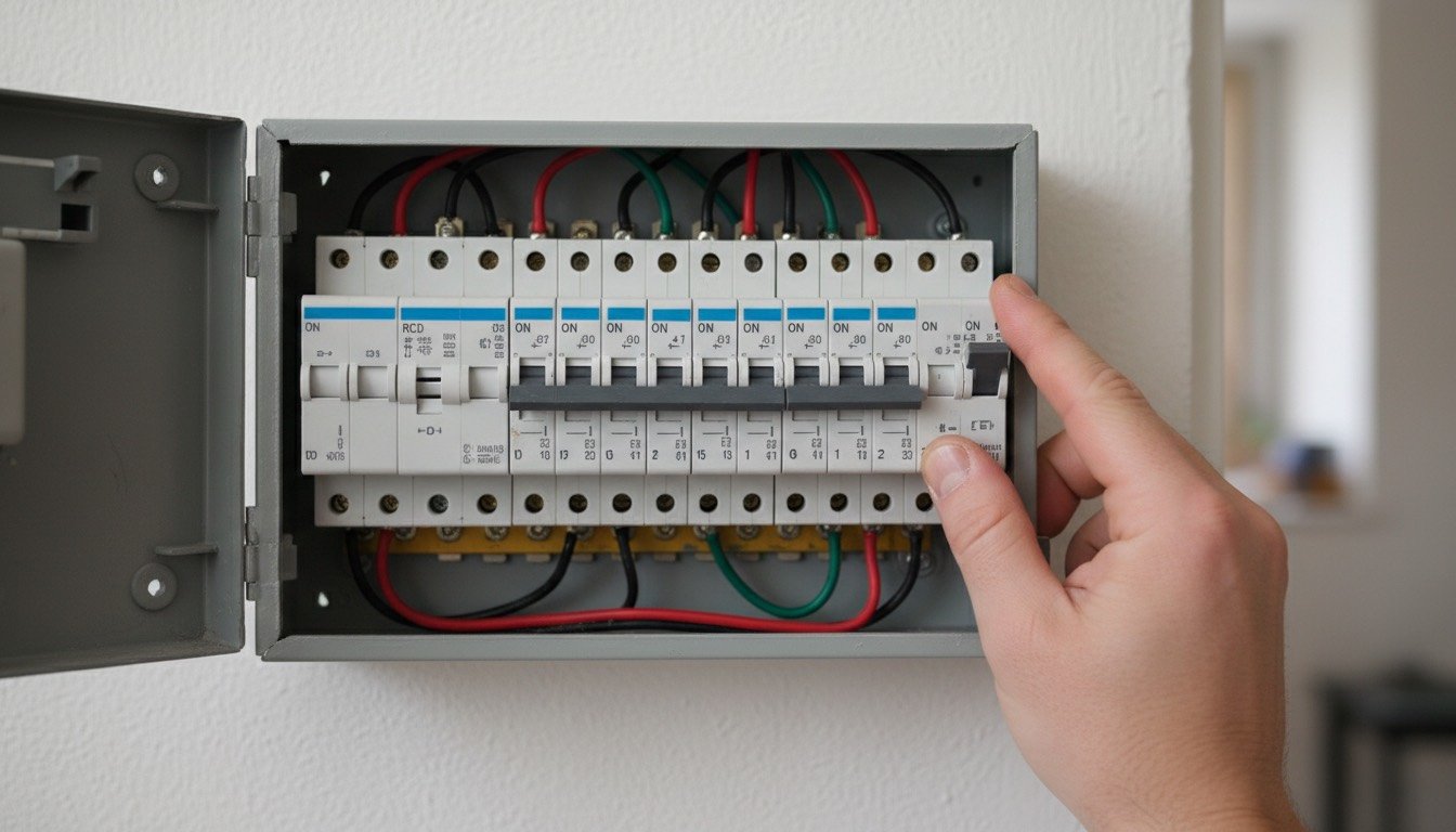 Hand resetting a tripped circuit breaker switch on a UK consumer unit with rows of MCBs and an RCD