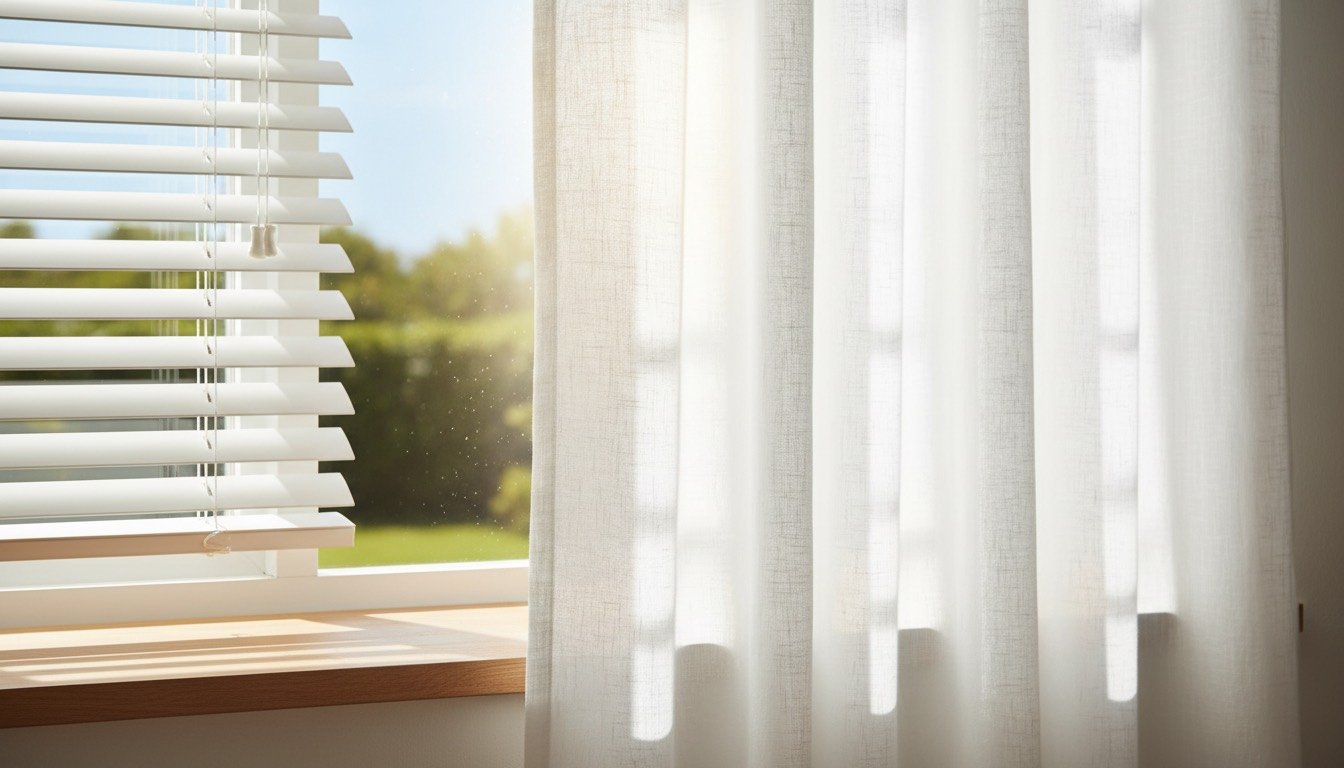 Sunlight through freshly cleaned linen curtains beside spotless venetian blinds