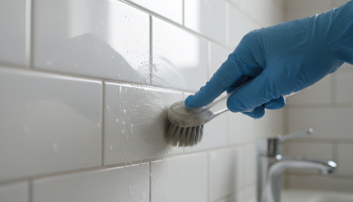 White grout lines being scrubbed bright between metro tiles with a small brush