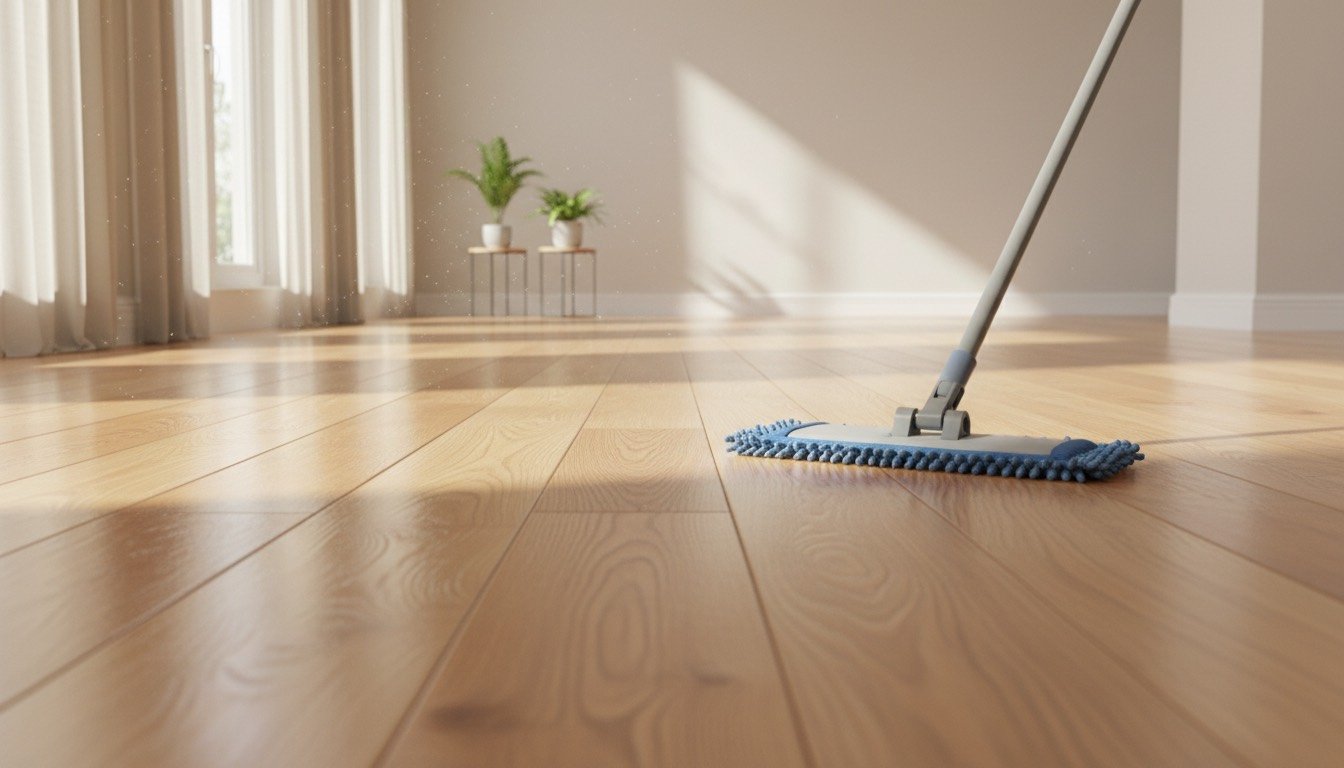 Flat microfibre mop gliding along honey-toned oak floorboards