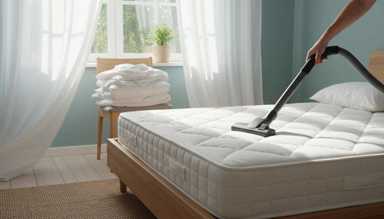 Mattress being vacuumed with an upholstery tool in a bright bedroom