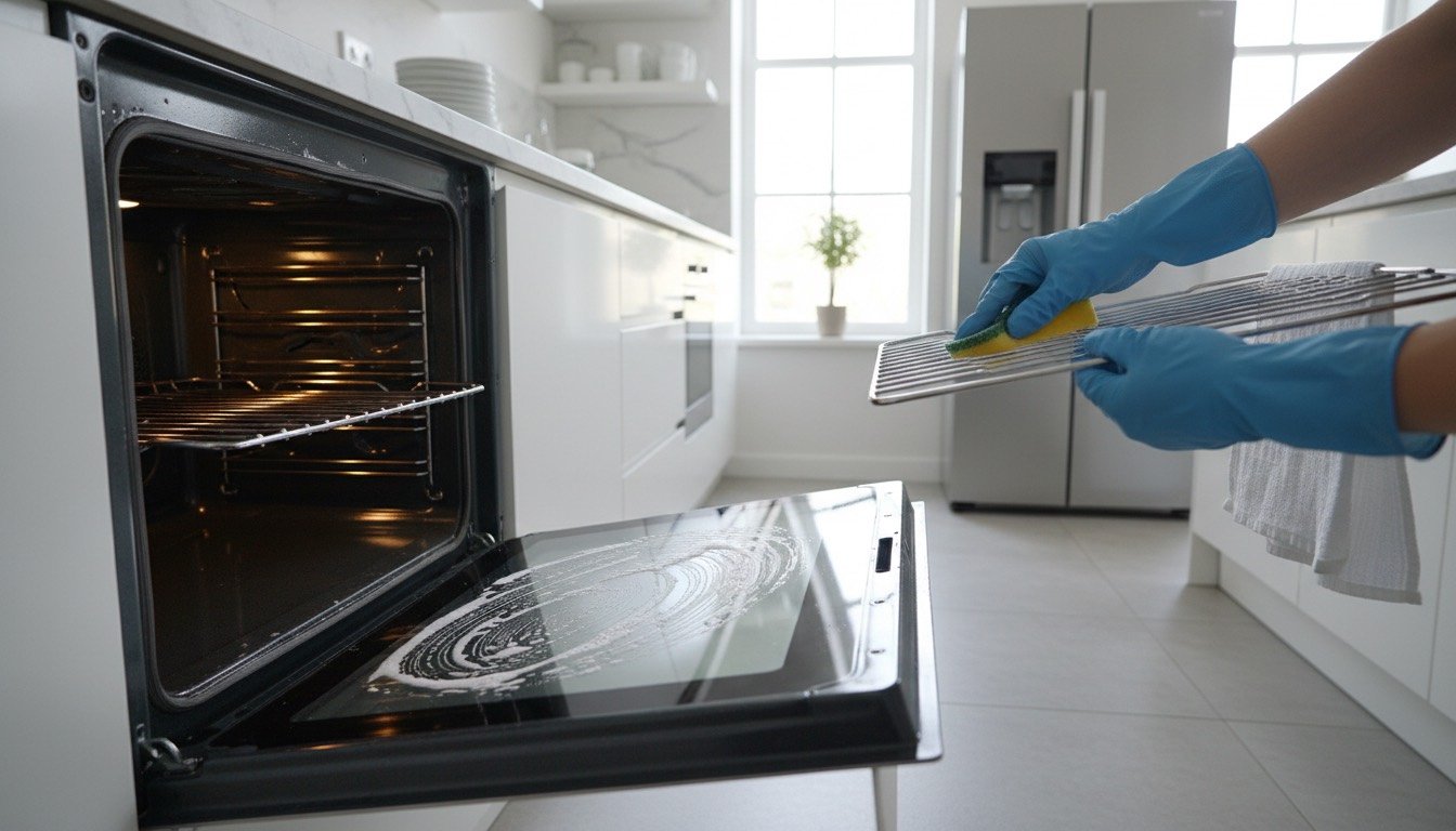 Gloved hands wiping the inside of a gleaming oven with the door open
