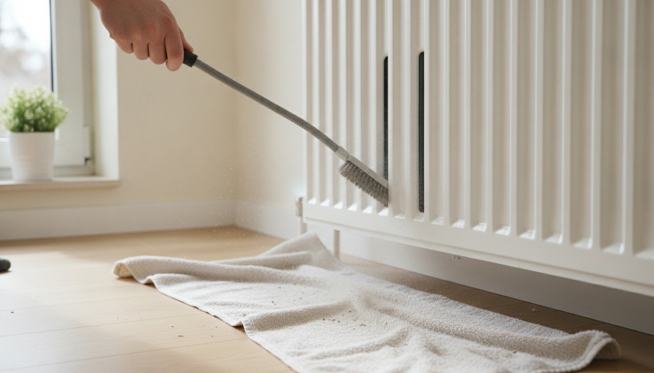 White panel radiator being dusted inside its fins with a long slim brush