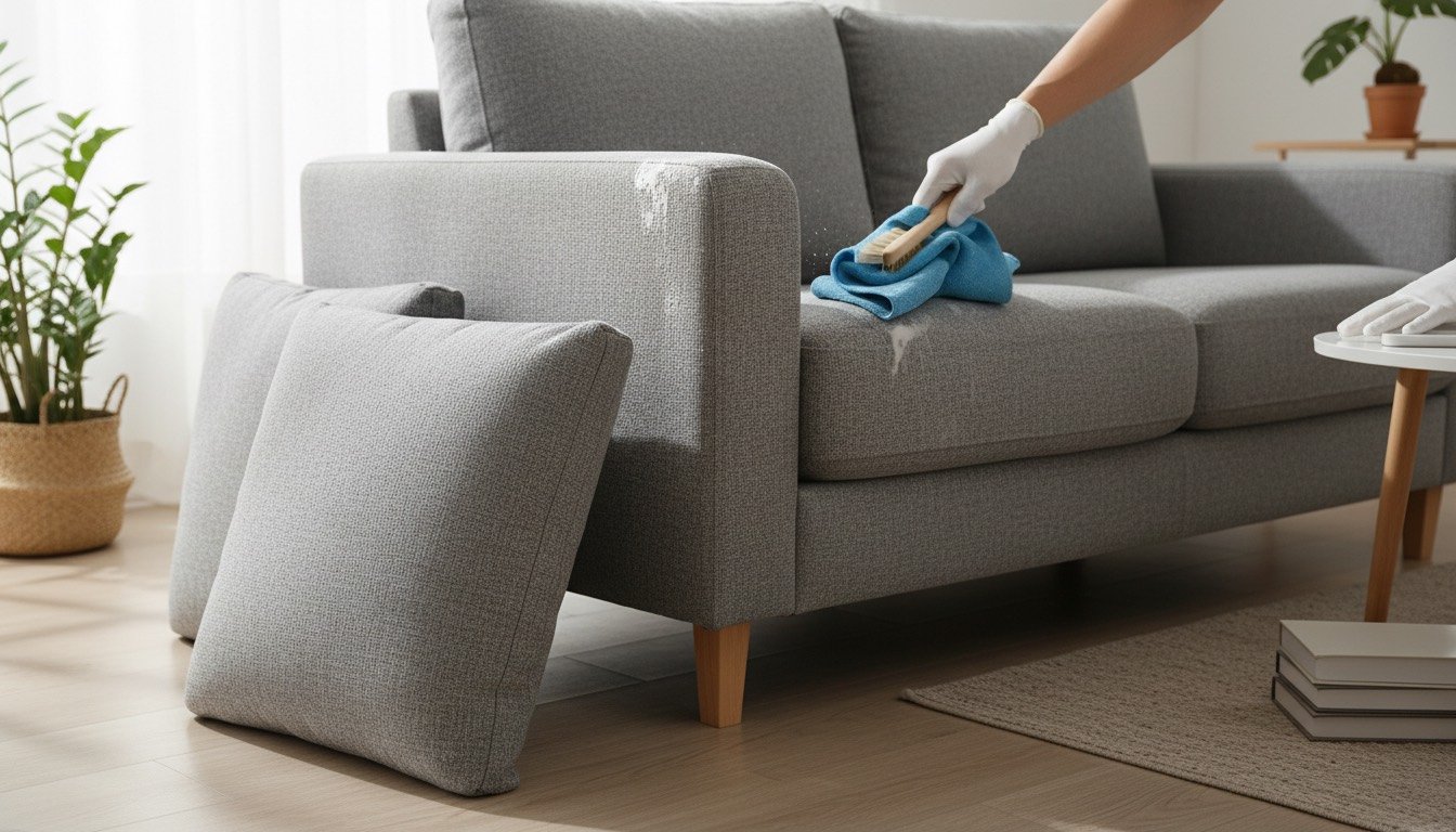 Fabric sofa being gently cleaned with a soft brush and microfibre cloth