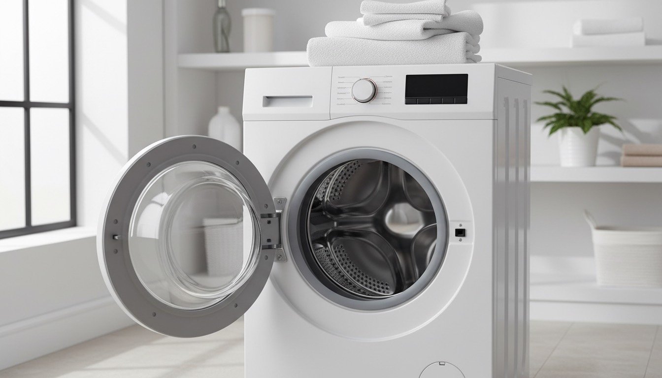 Open washing machine door showing a clean drum and fresh door seal