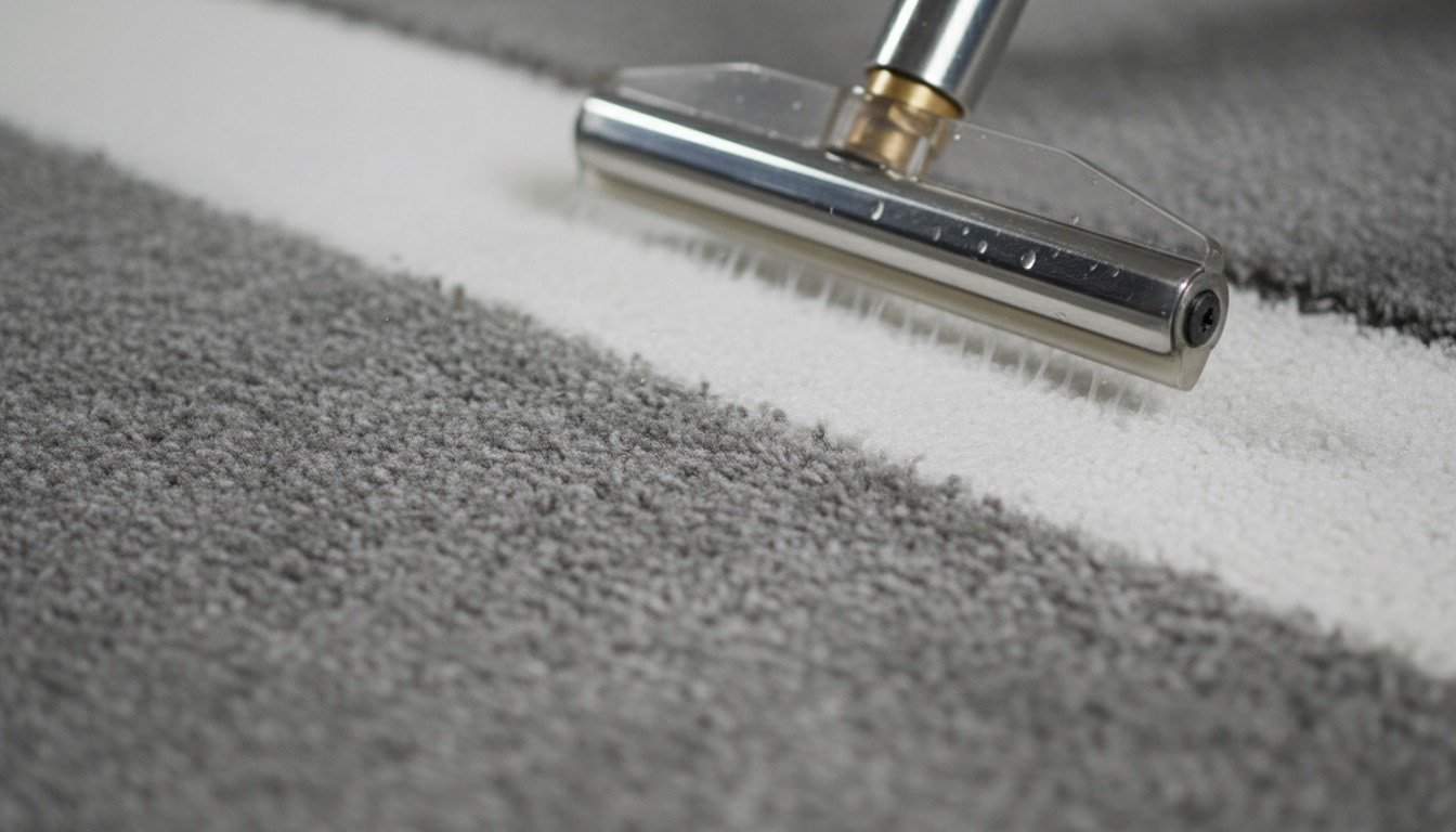 Professional carpet cleaning wand mid-stroke showing clean stripe on grey carpet