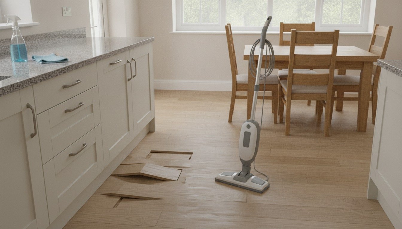 Steam mop resting on a swollen laminate floor joint beside a spray bottle and microfibre cloth in a UK kitchen