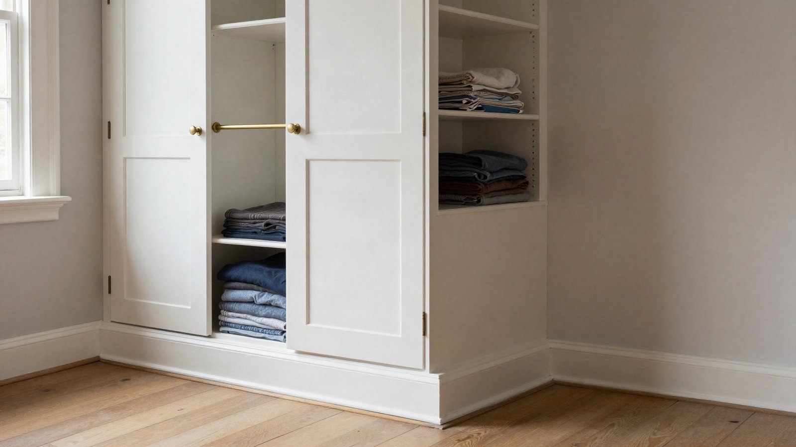A white-painted wardrobe system fitted into a Victorian bedroom alcove beside a chimney breast, with a hanging rail, open shelves and deep moulded skirting