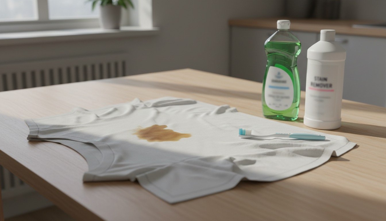 White shirt with small coffee stain beside stain treatment products on a table