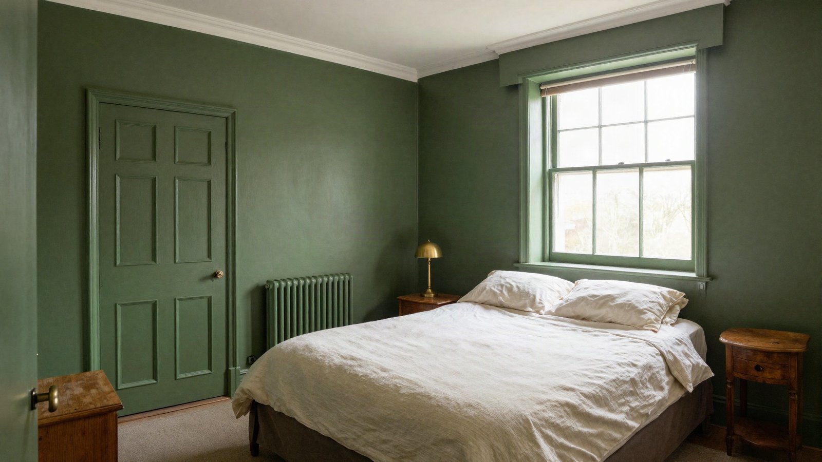 A small British bedroom painted entirely in deep olive green — walls, ceiling, skirting, door and radiator all in the same shade