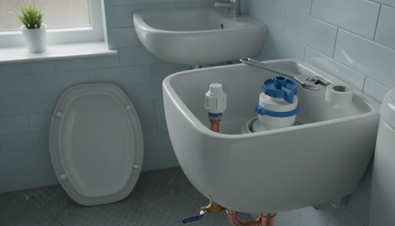 A close-coupled toilet cistern open with the fill valve and flush valve exposed, alongside a basin tap and compression fittings in a UK bathroom