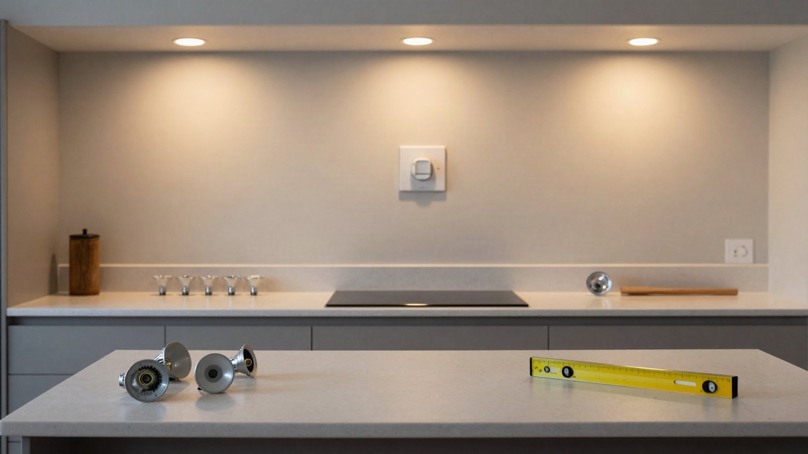 A UK kitchen lit by warm white LED downlights above a worktop, with a dimmer switch plate and spare GU10 lamps on the island