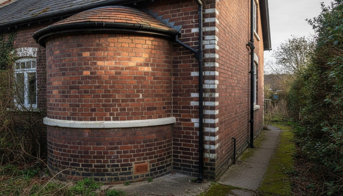Weathered brickwork, cast-iron guttering and a bay window on a 1920s British semi-detached house