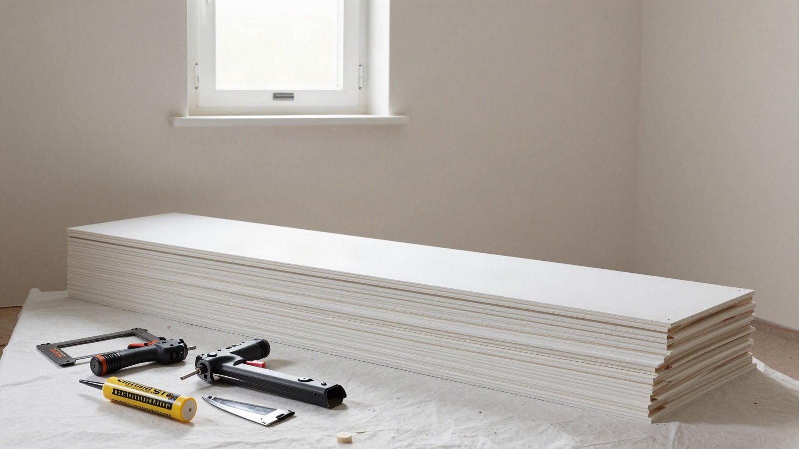 Freshly fitted white primed MDF skirting board and architrave in a UK living room, with a mitre saw and offcuts on a dust sheet