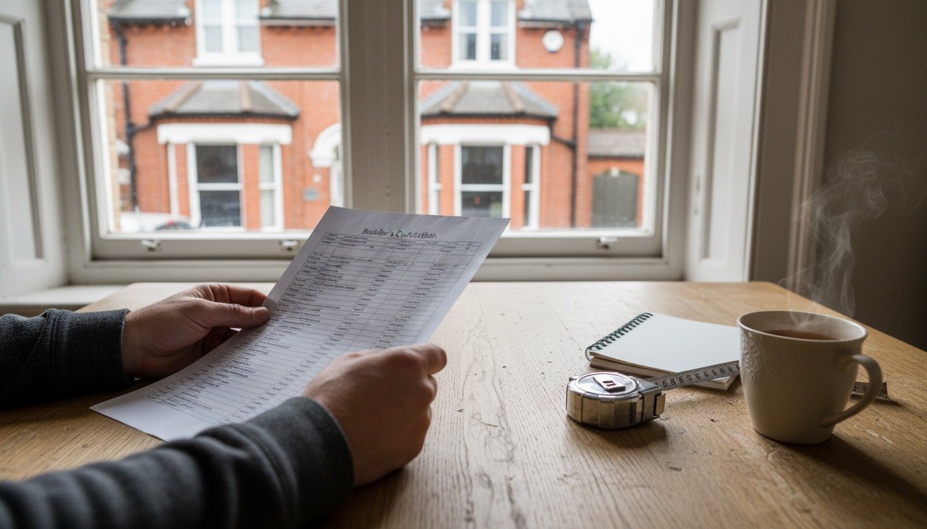 A homeowner reading a printed builder's quotation at a kitchen table beside a tape measure and a notebook, with a Victorian terraced house visible through the window